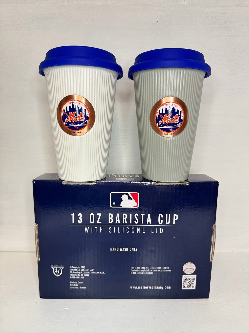 NY Mets Ceramic Barista Cup Set w/ Silicone Lids MLB 13oz Coffee Mugs